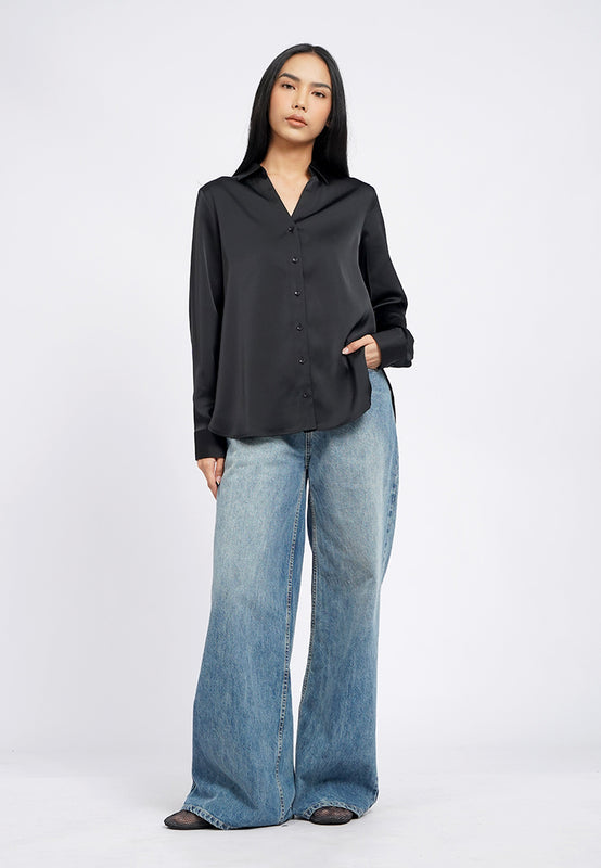 V-Neck Collared Satin Shirt