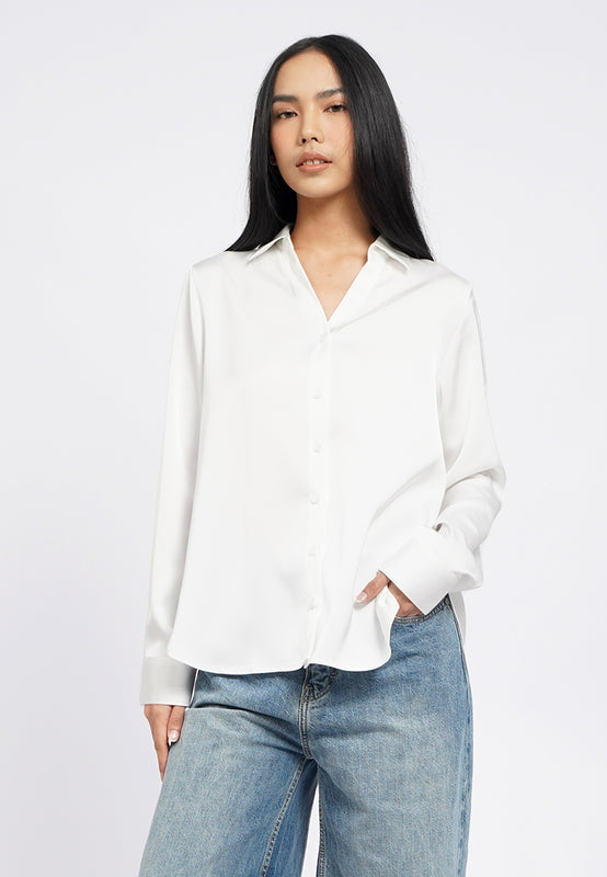 V-Neck Collared Satin Shirt
