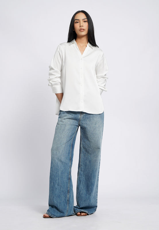 V-Neck Collared Satin Shirt