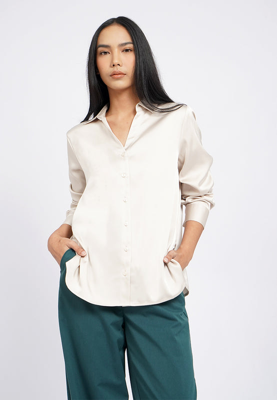 V-Neck Collared Satin Shirt