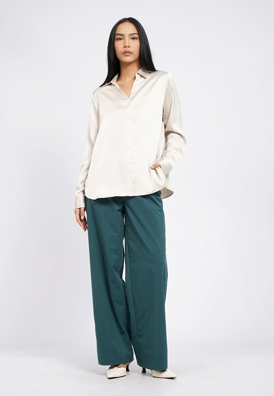 V-Neck Collared Satin Shirt