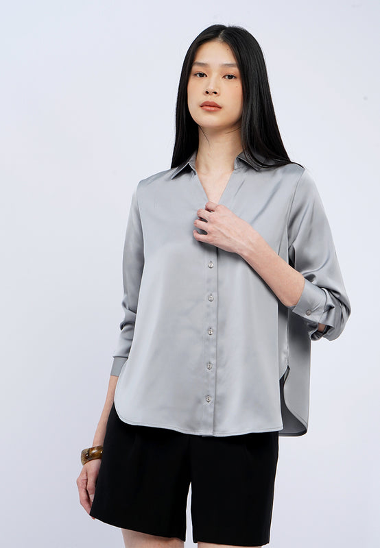 V-Neck Collared Satin Shirt
