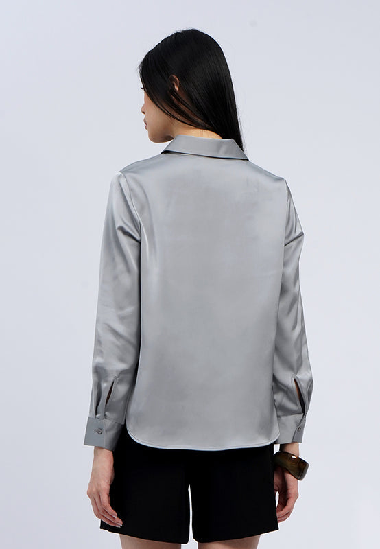 V-Neck Collared Satin Shirt