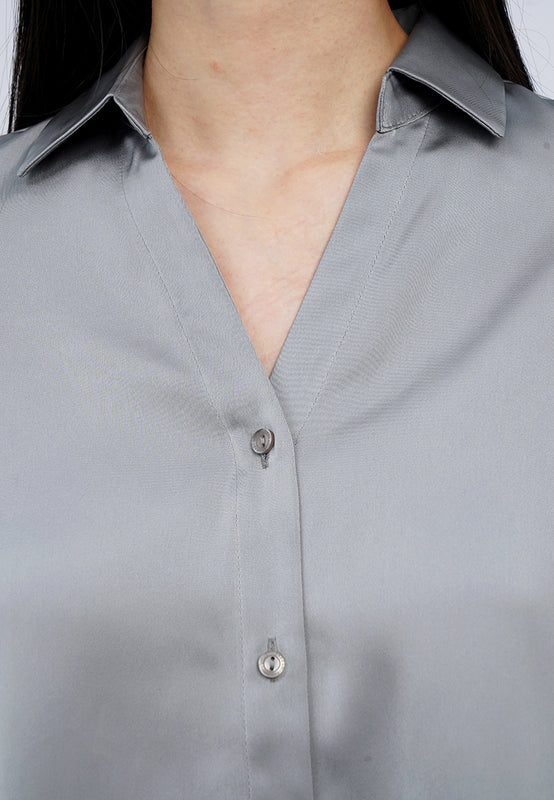 V-Neck Collared Satin Shirt