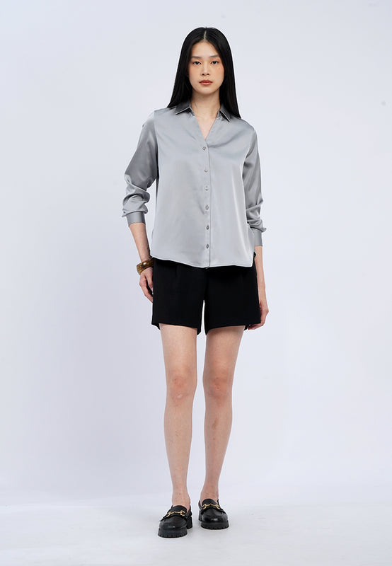 V-Neck Collared Satin Shirt