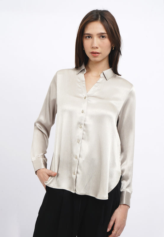 Long Sleeve V-Neck Crinkle Blouse