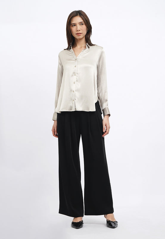 Long Sleeve V-Neck Crinkle Blouse