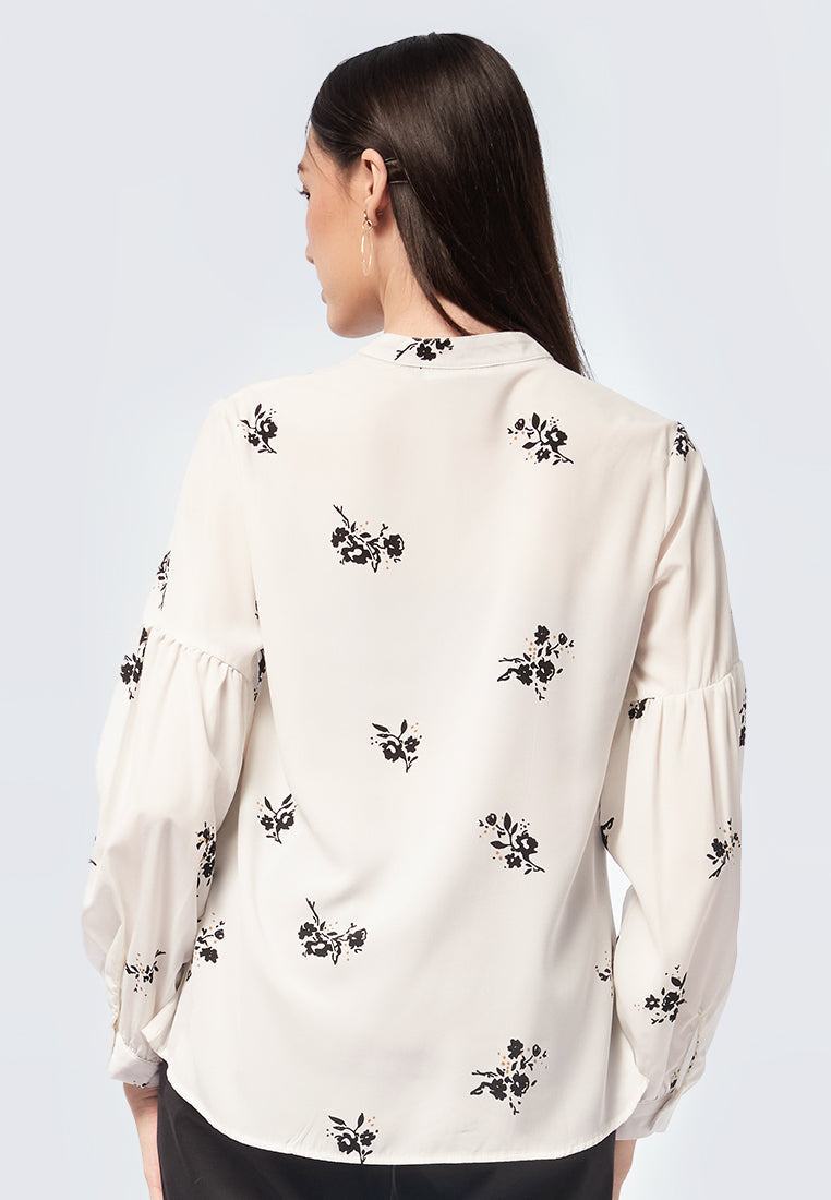 Tied Neck Puff Sleeves Printed Blouse