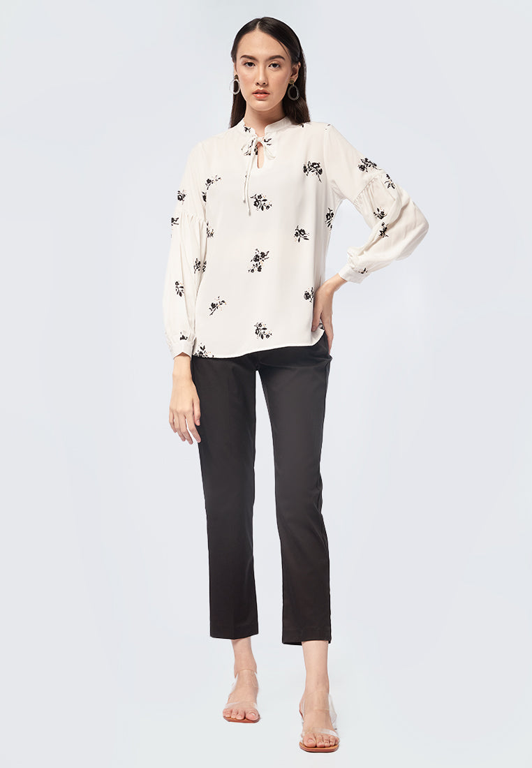 Tied Neck Puff Sleeves Printed Blouse