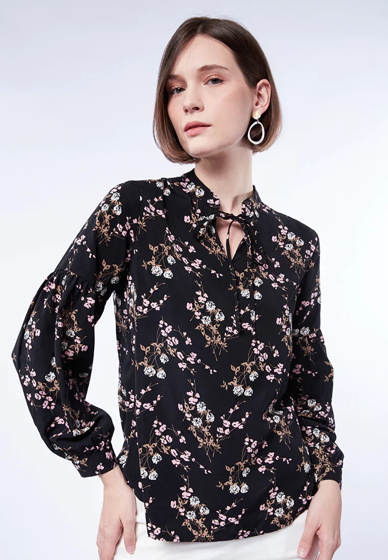 High Neck Printed Puff Sleeves Blouse