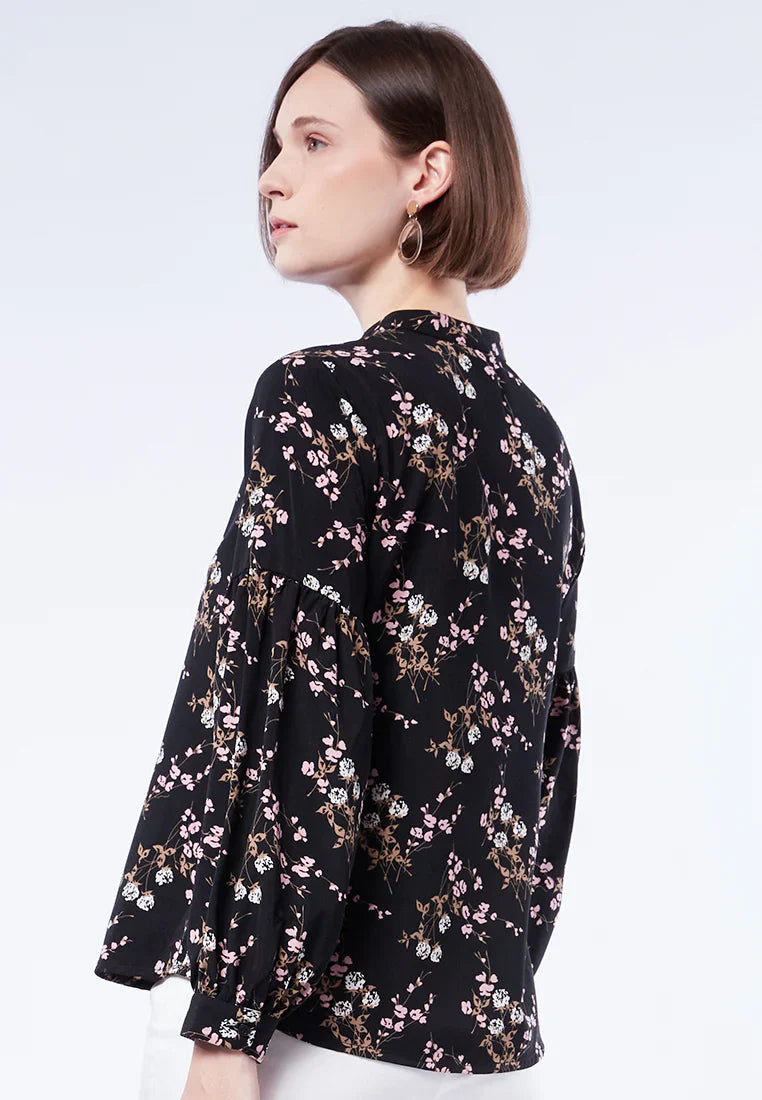 High Neck Printed Puff Sleeves Blouse
