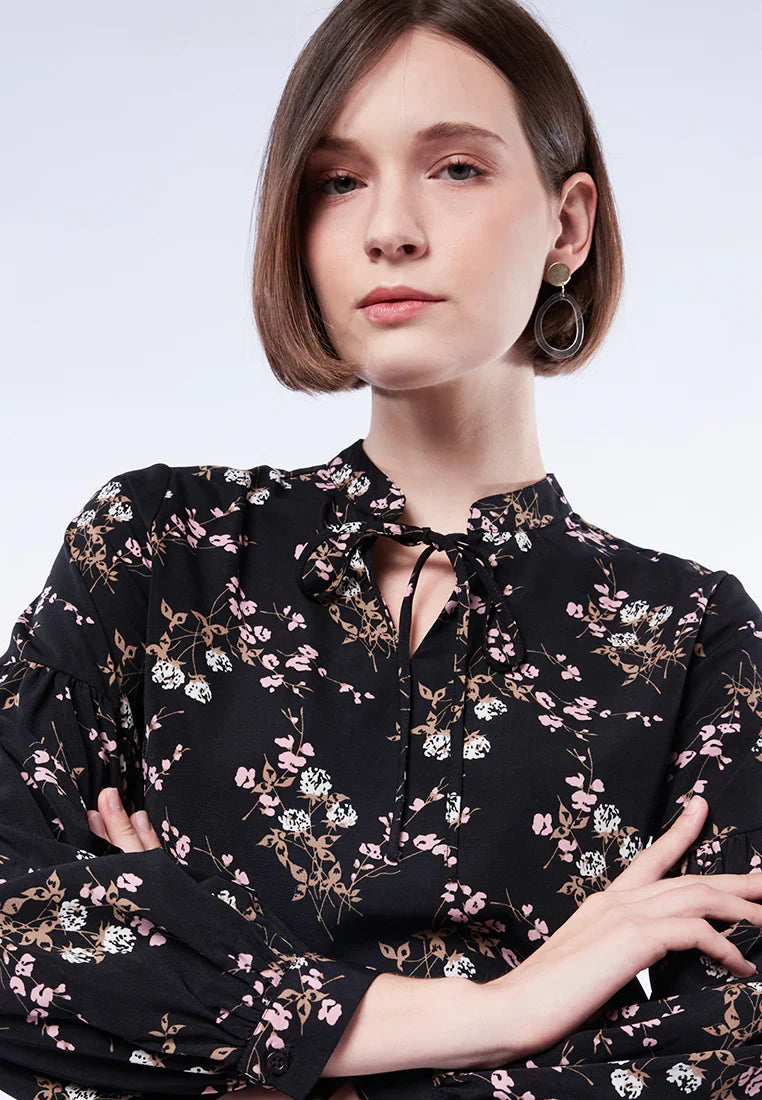 High Neck Printed Puff Sleeves Blouse