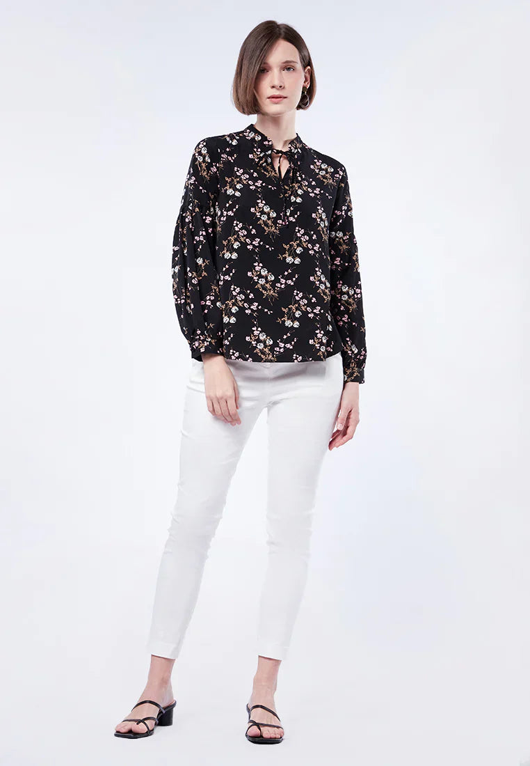 High Neck Printed Puff Sleeves Blouse