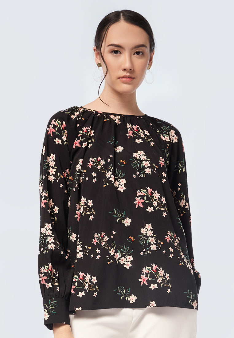 Ruched Neck Printed Blouse