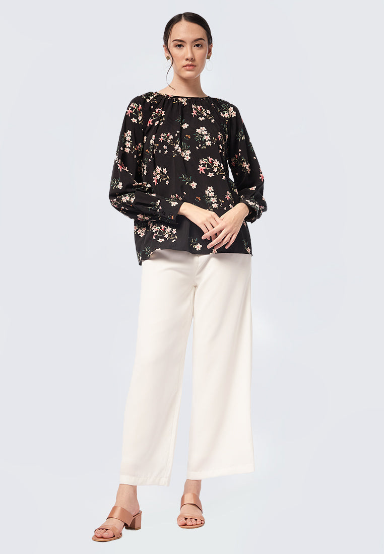 Ruched Neck Printed Blouse