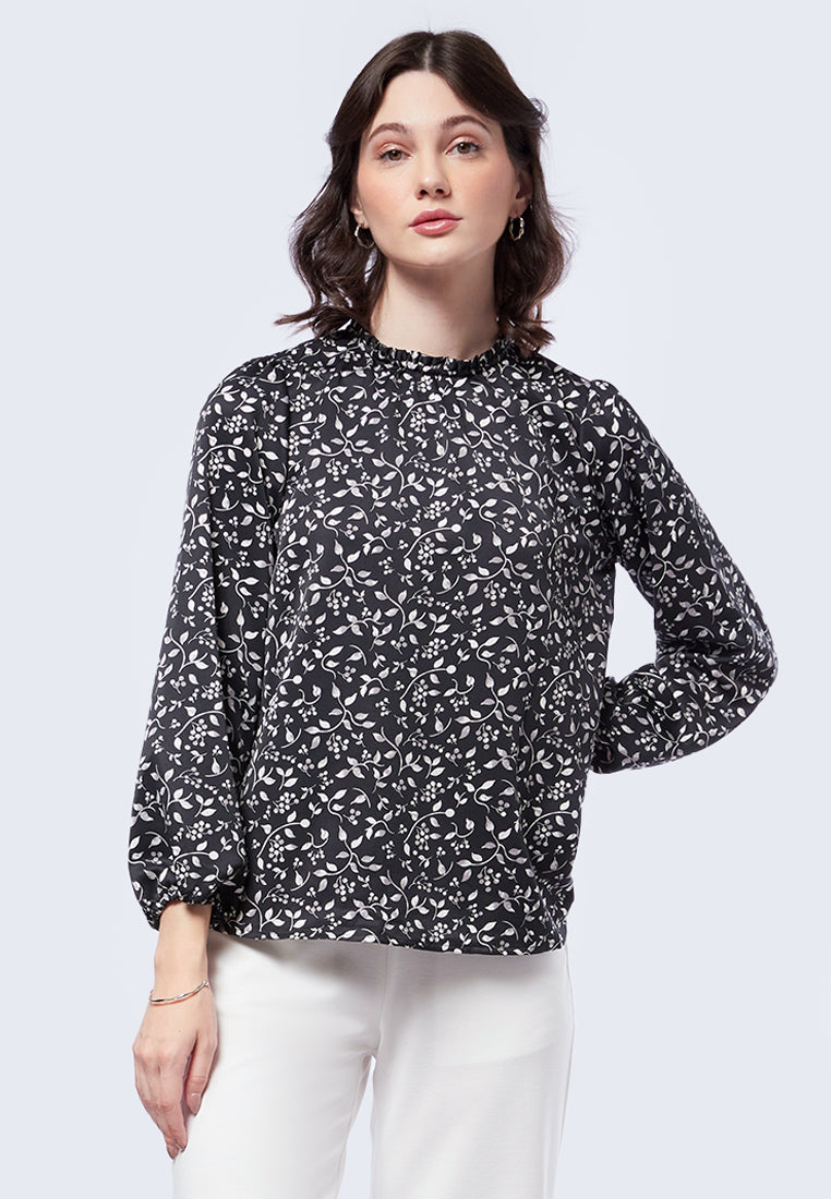 Printed Ruffle Long Sleeve Blouse