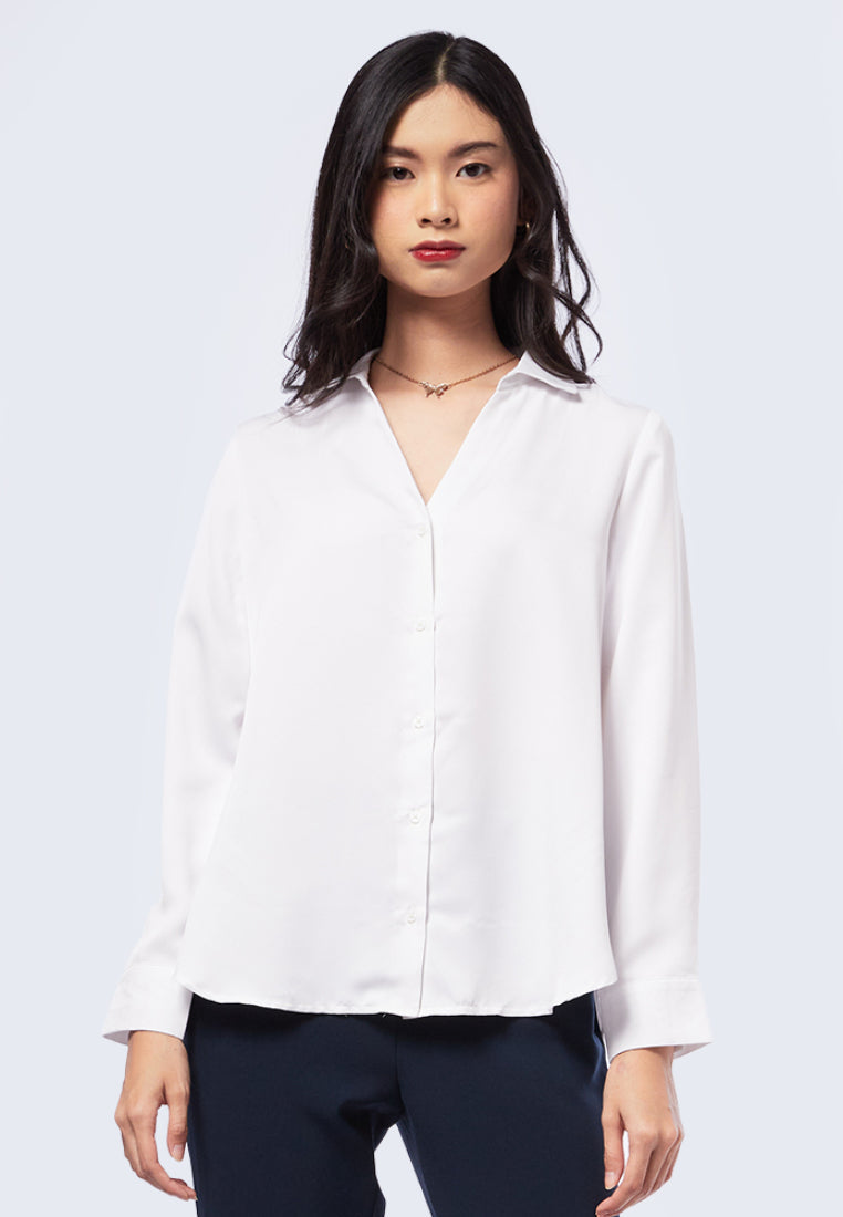 V-Neck Long Sleeve Sateen Blouse