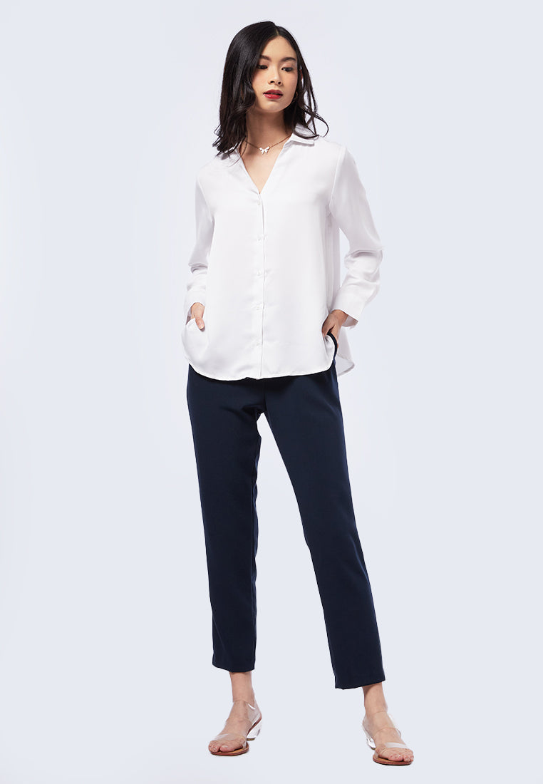 V-Neck Long Sleeve Sateen Blouse