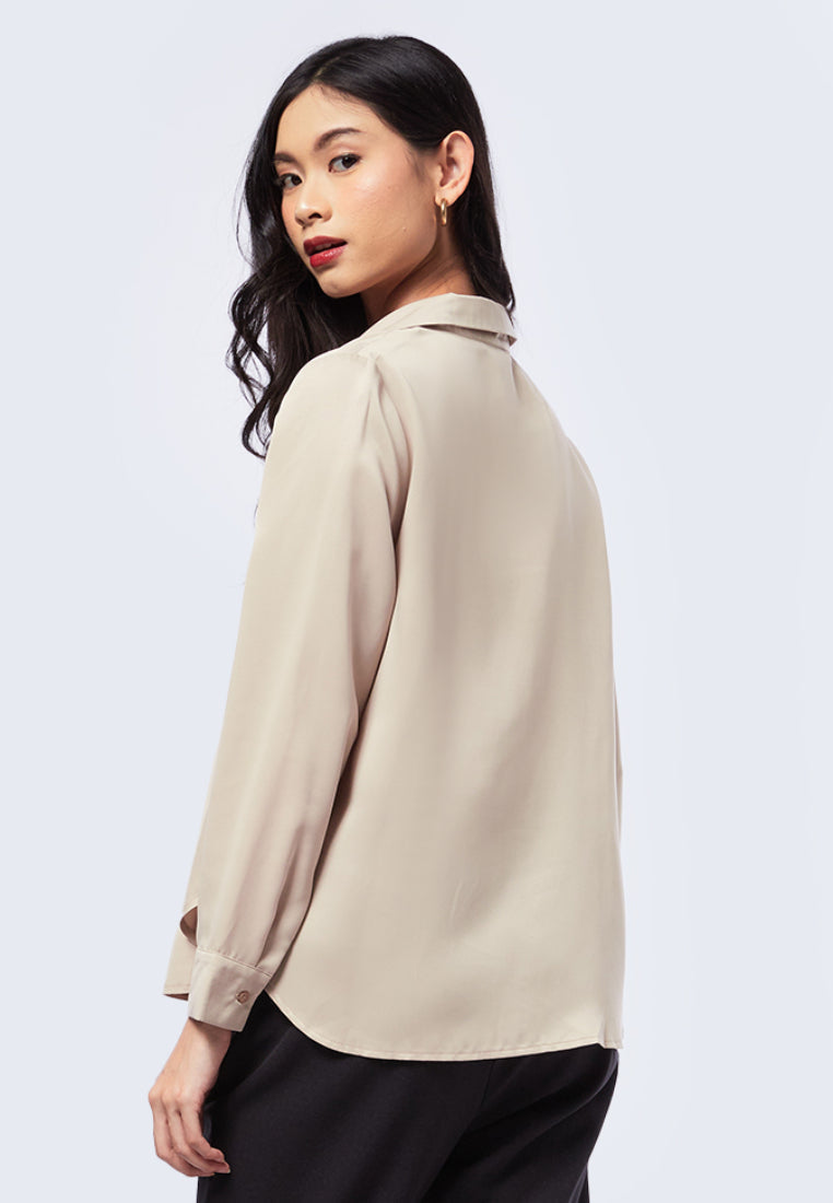 V-Neck Long Sleeve Sateen Blouse