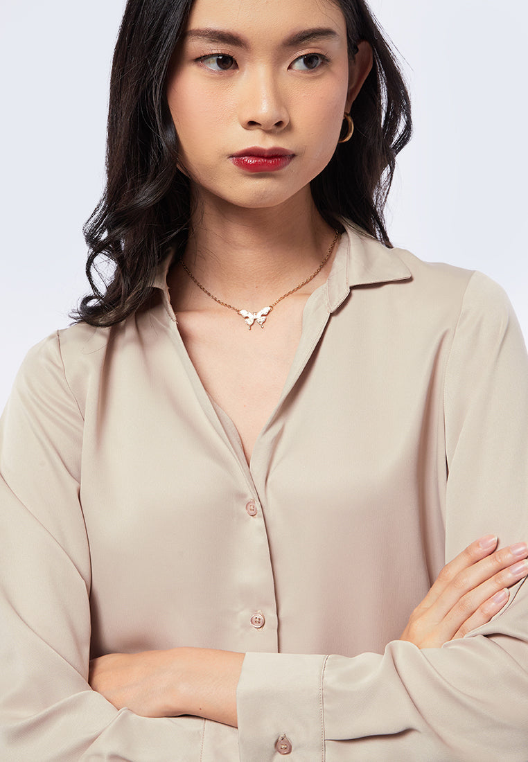 V-Neck Long Sleeve Sateen Blouse