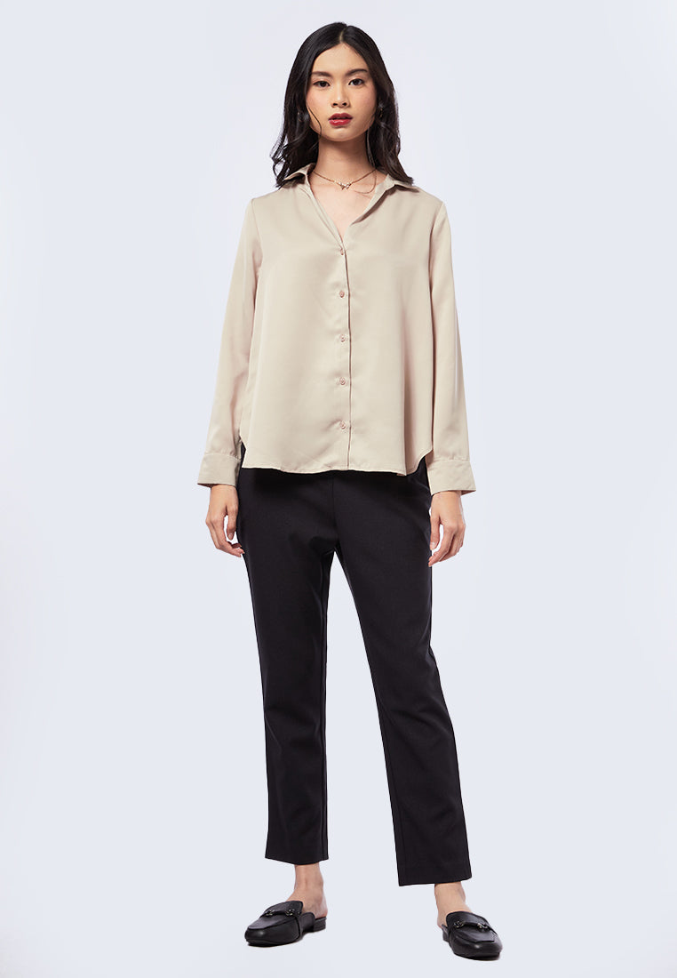 V-Neck Long Sleeve Sateen Blouse