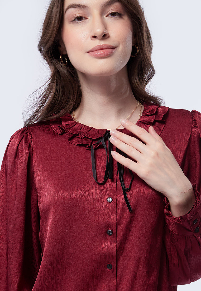 Ruffled Neck Long Sleeve Blouse
