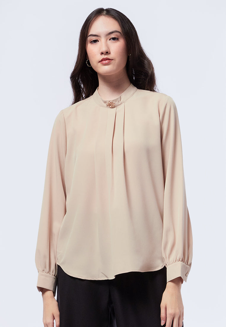 Front Pleated Long Sleeve Blouse