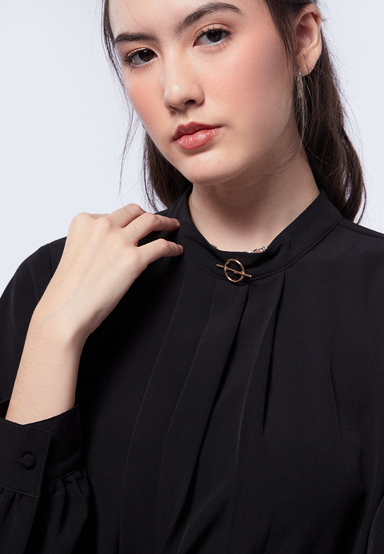 Front Pleated Long Sleeve Blouse