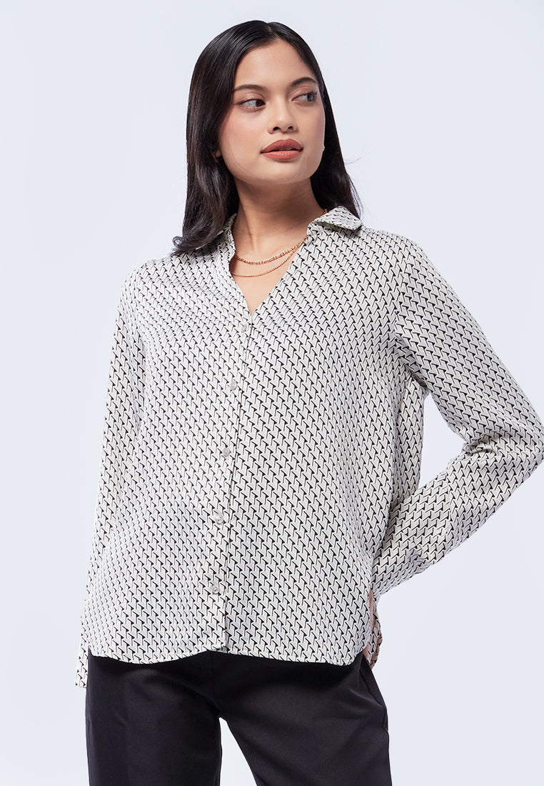 Printed Long Sleeve V-Neck Blouse