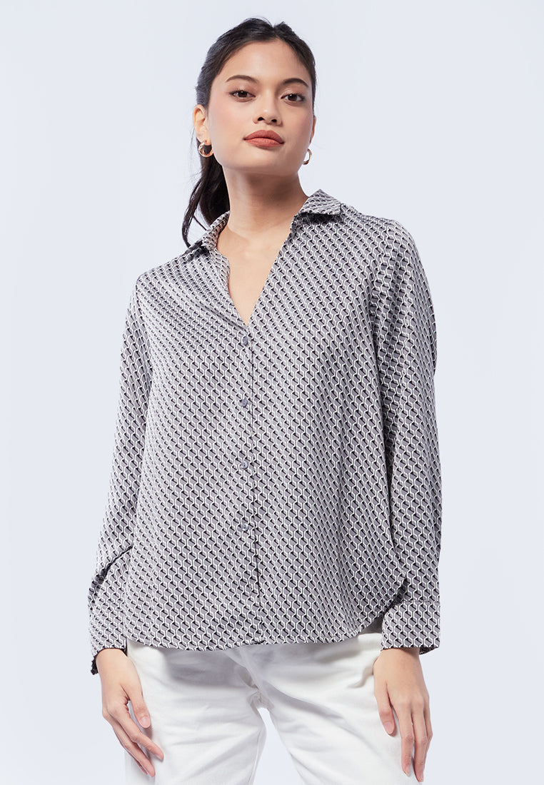 Printed Long Sleeve V-Neck Blouse