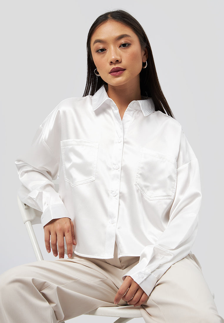 Long Sleeve Satin Crop Shirt Off White