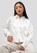 Long Sleeve Satin Crop Shirt Off White