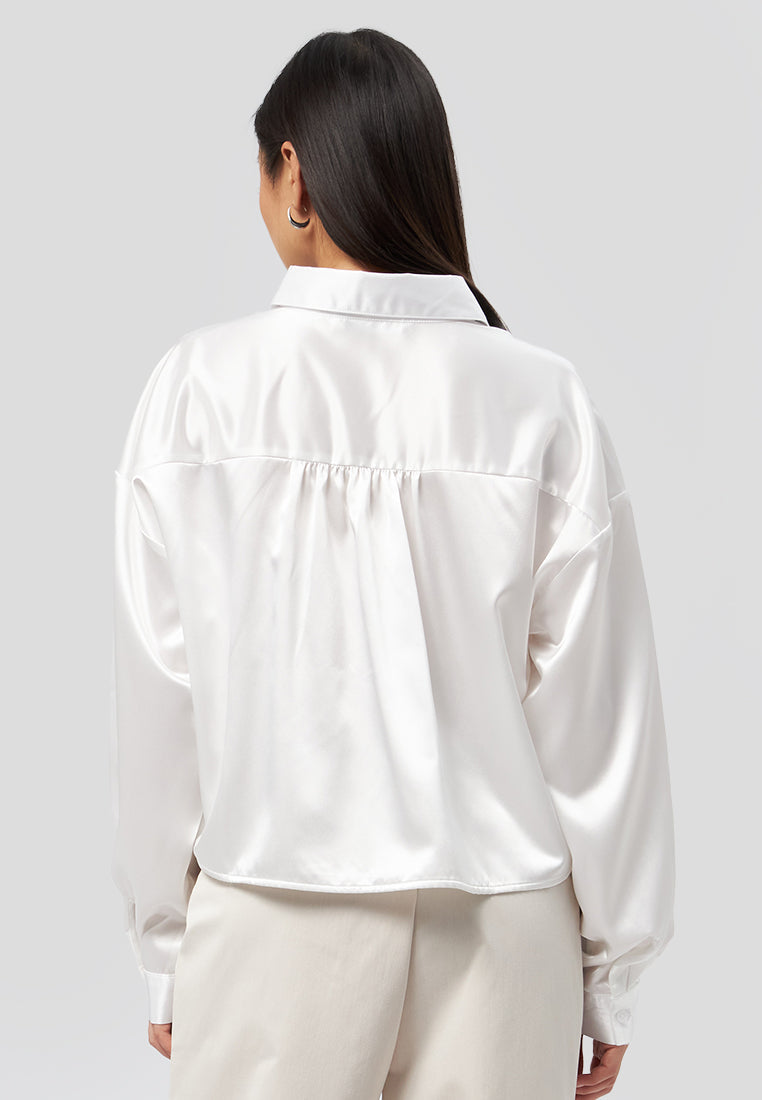 Long Sleeve Satin Crop Shirt Off White
