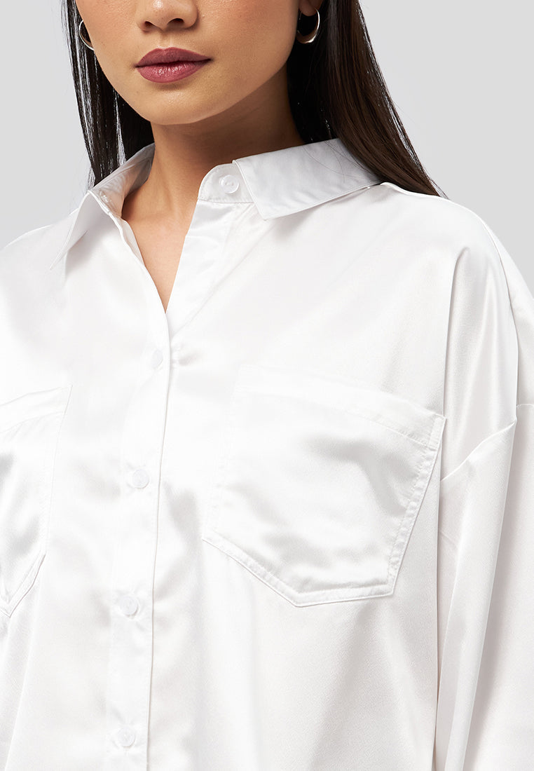 Long Sleeve Satin Crop Shirt Off White