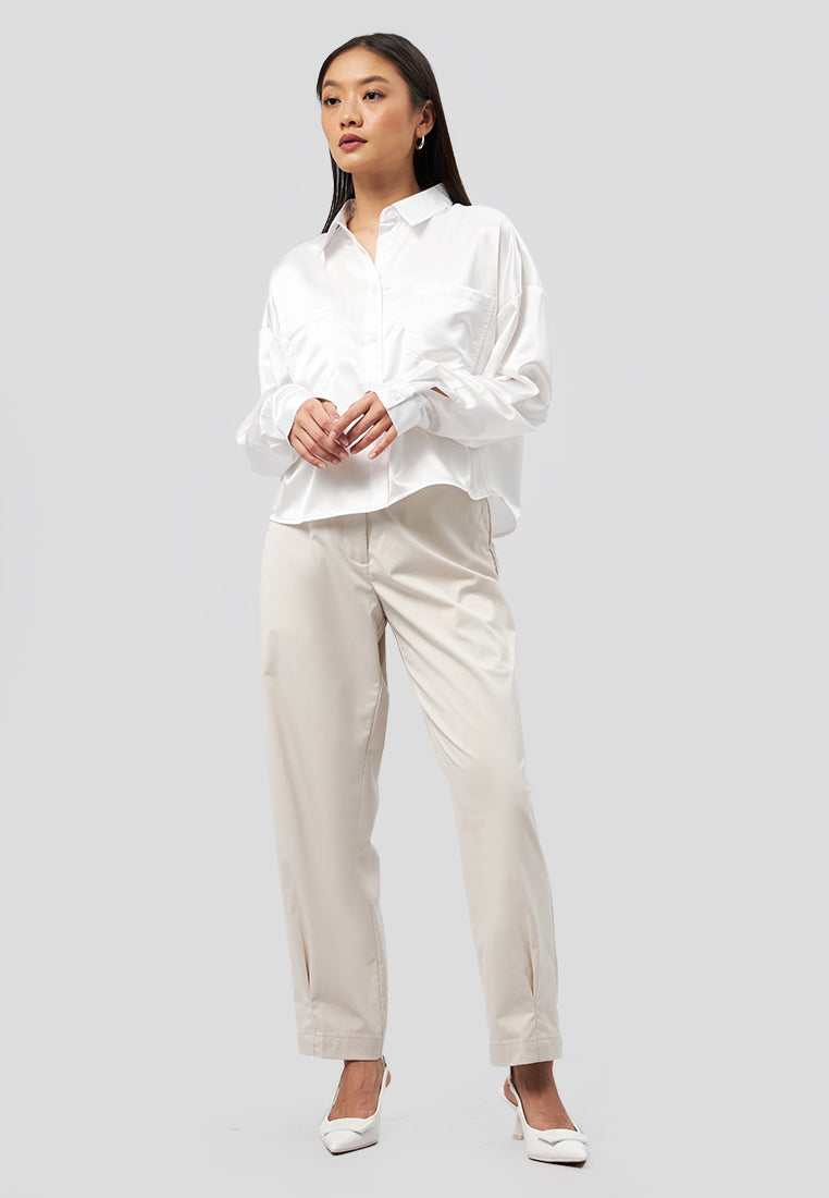Long Sleeve Satin Crop Shirt Off White