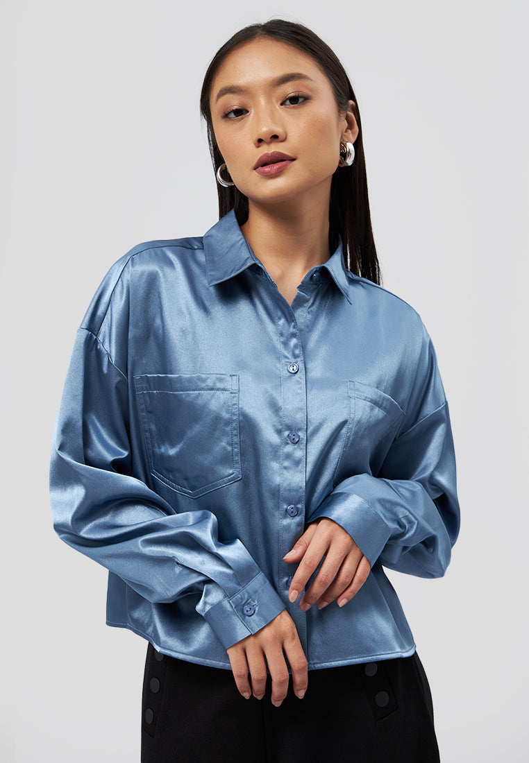 Long Sleeve Satin Crop Shirt Blue