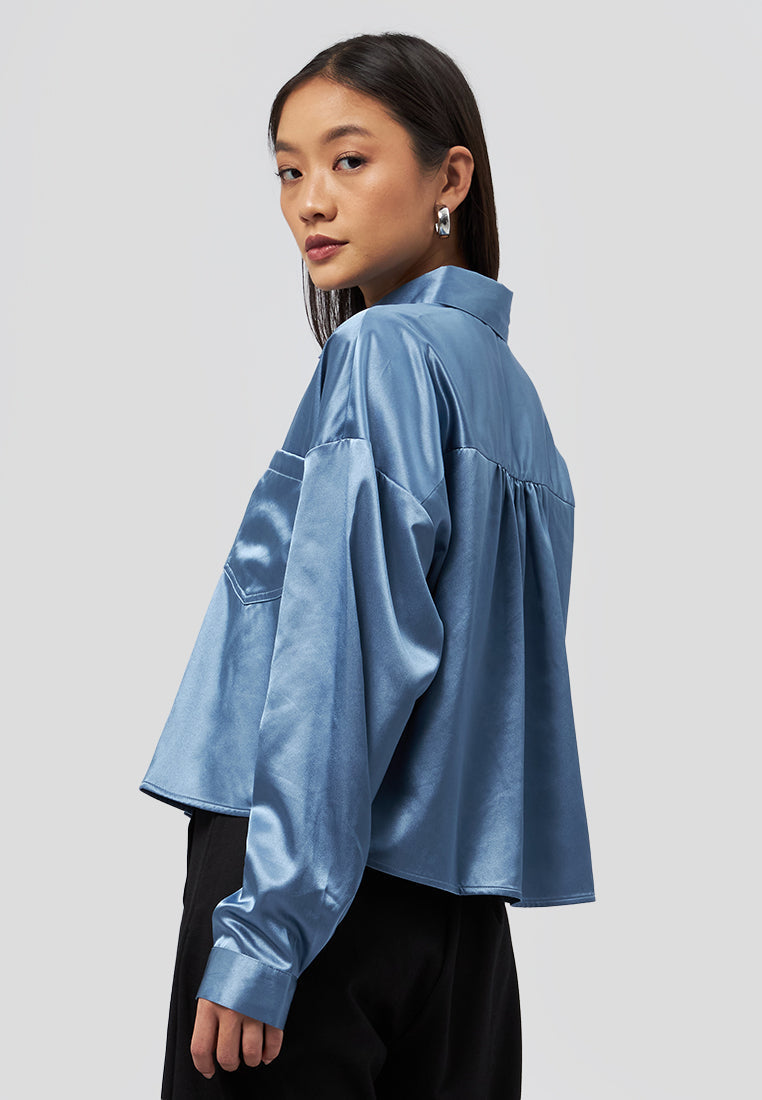 Long Sleeve Satin Crop Shirt Blue