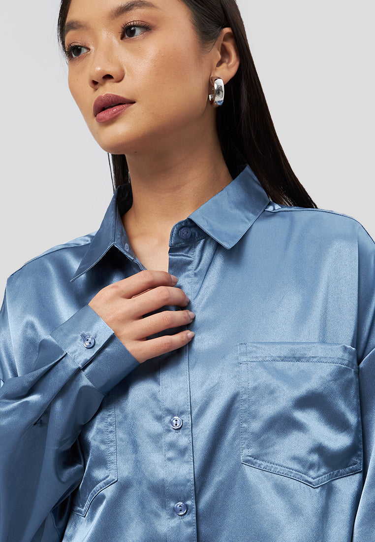 Long Sleeve Satin Crop Shirt Blue