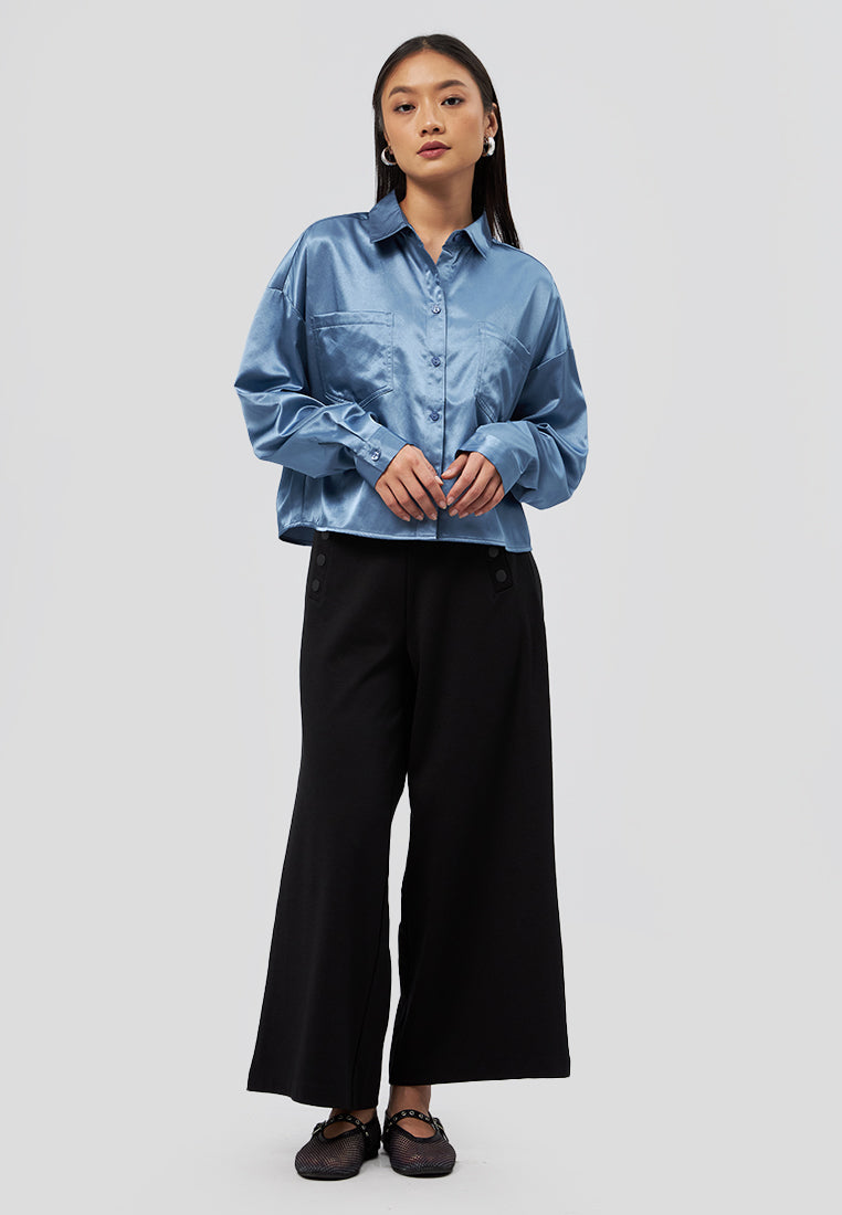 Long Sleeve Satin Crop Shirt Blue