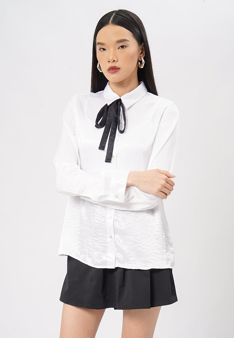 Long Sleeve Blouse with Contrast Ribbon Off White