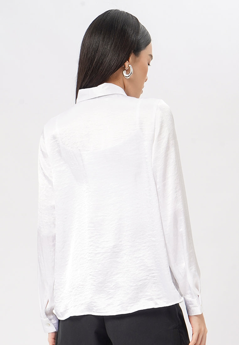Long Sleeve Blouse with Contrast Ribbon Off White