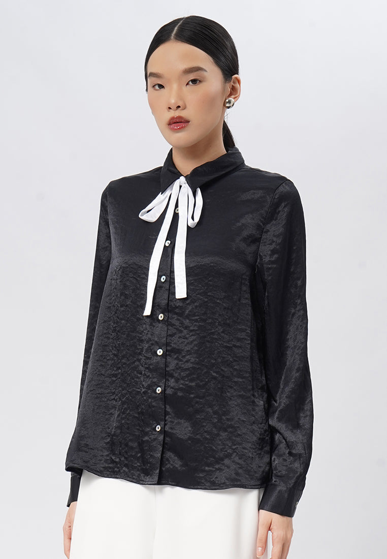 Long Sleeve Blouse with Contrast Ribbon Black
