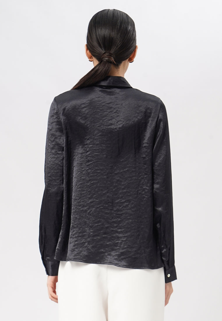 Long Sleeve Blouse with Contrast Ribbon Black