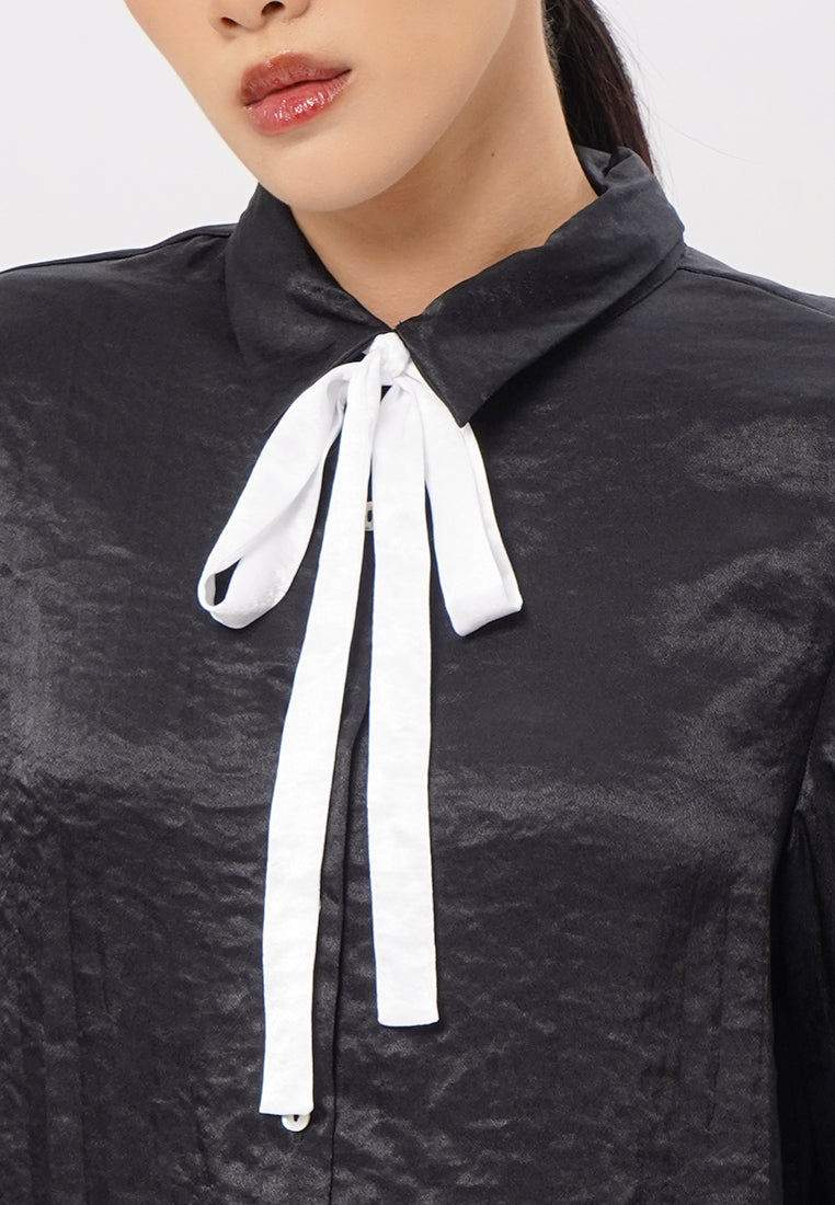 Long Sleeve Blouse with Contrast Ribbon Black