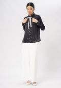 Long Sleeve Blouse with Contrast Ribbon Black