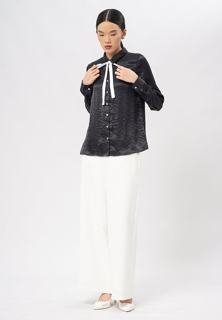 Long Sleeve Blouse with Contrast Ribbon Black