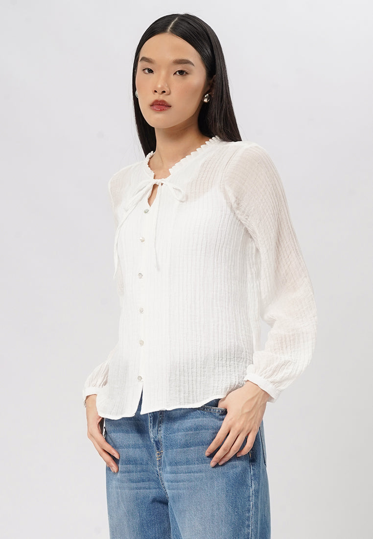Textured Long Sleeve V-Neck Blouse Off White