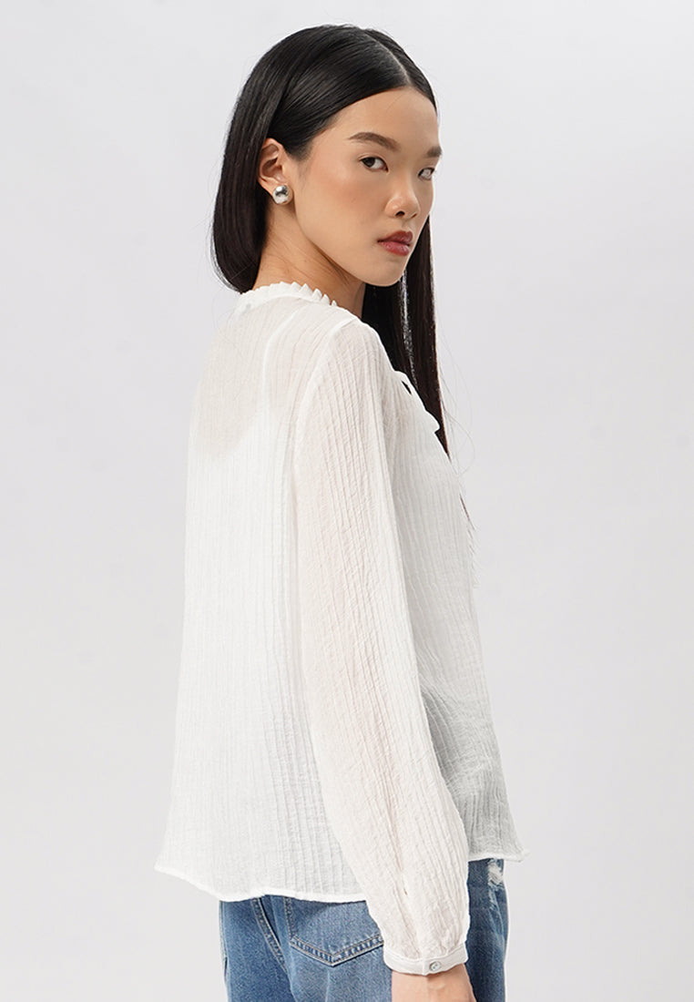 Textured Long Sleeve V-Neck Blouse Off White