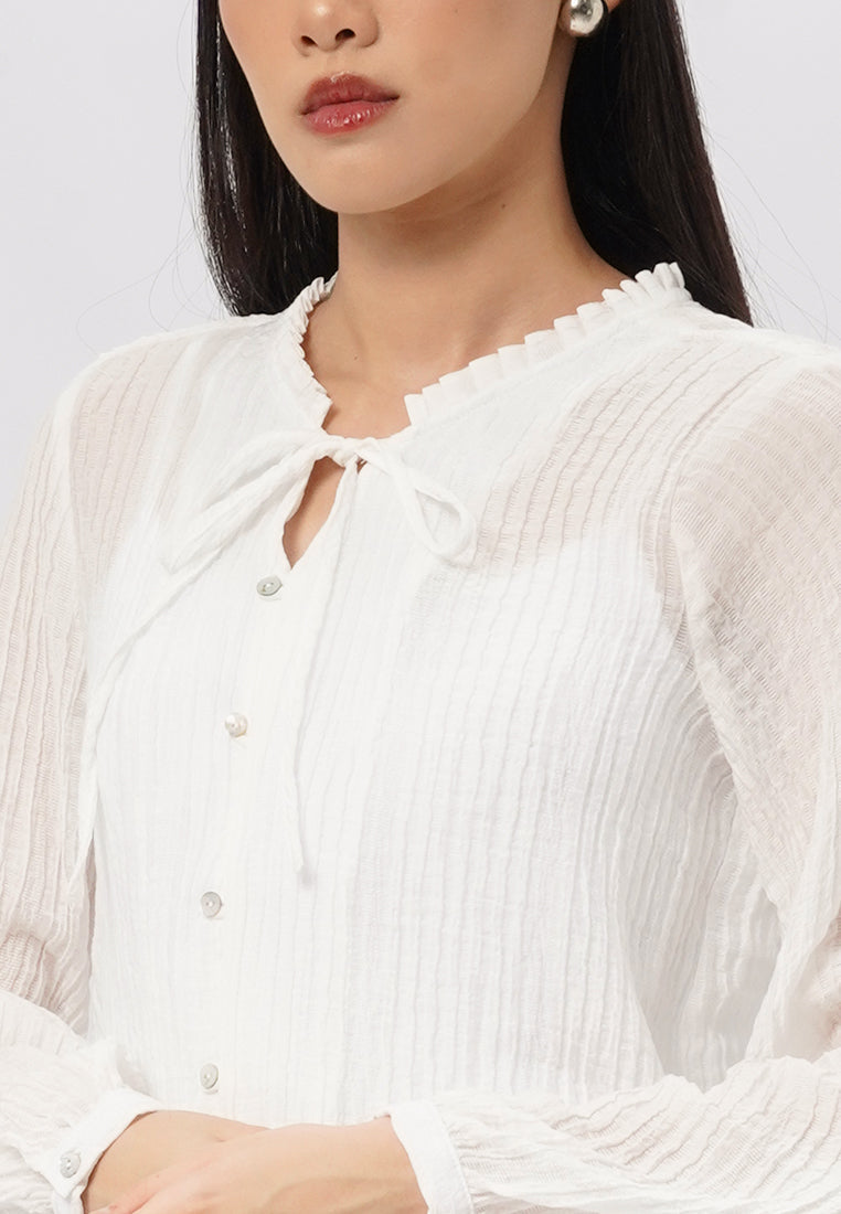 Textured Long Sleeve V-Neck Blouse Off White