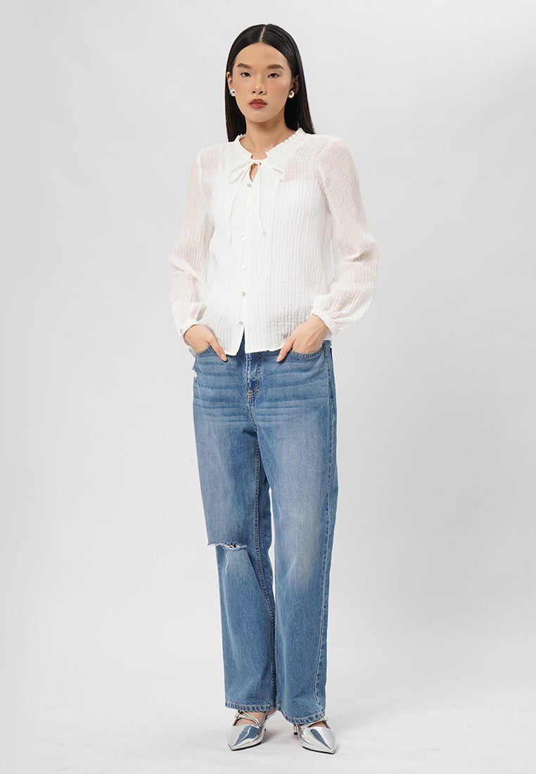 Textured Long Sleeve V-Neck Blouse Off White